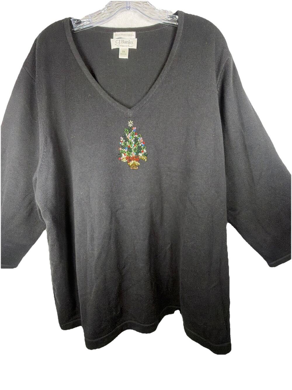 Vintage Y2K Christmas Tree Sequins Embroidered Sweater CJ Banks Black 3XL Plus